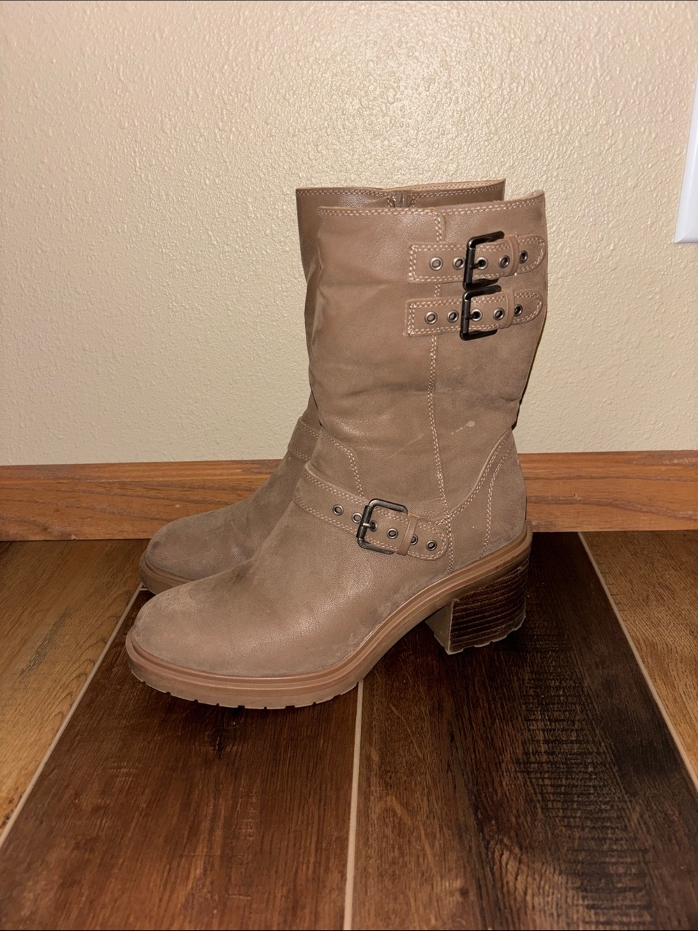 Taupe Mid-Calf Buckle Heeled Boots